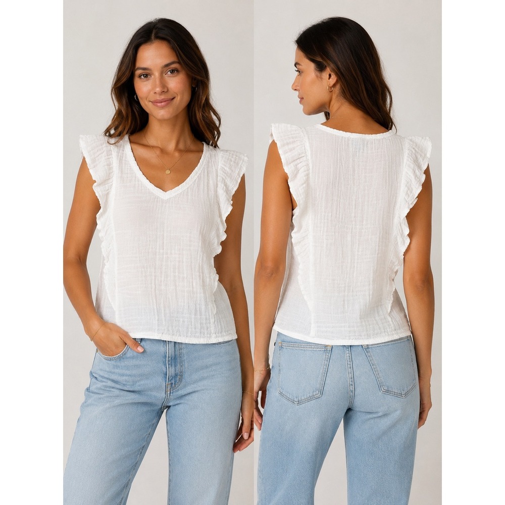 Michael Stars Women White Cotton Gauze Ruffle V-Neck Sleeveless‎ Top TJDMG53 S